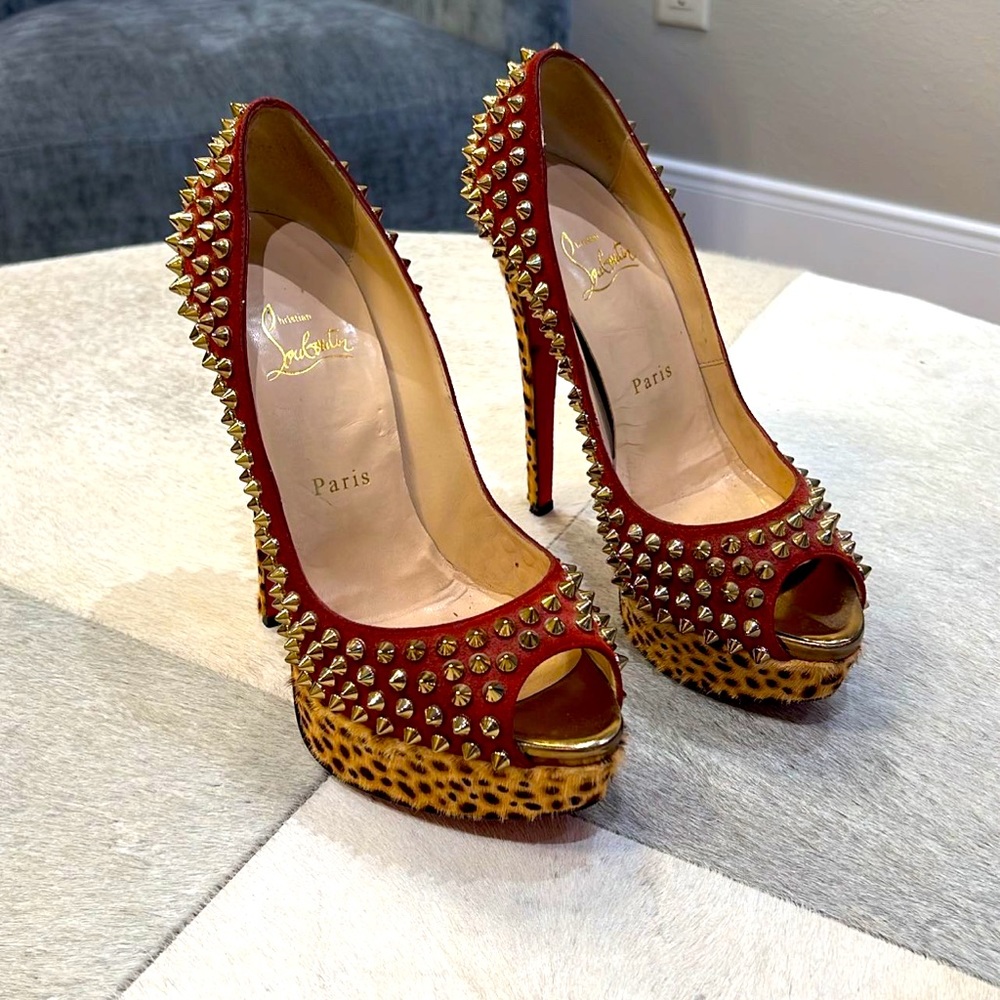 Sexy Christian Louboutin pony hair lady peep spikes